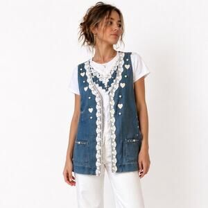 Vintage Denim Vest + T Shirt Cactus California Size Medium Silver Hearts Lace